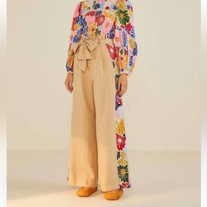FARM RIO Anthropologie sunny daisies floral pants in sand linen XS
